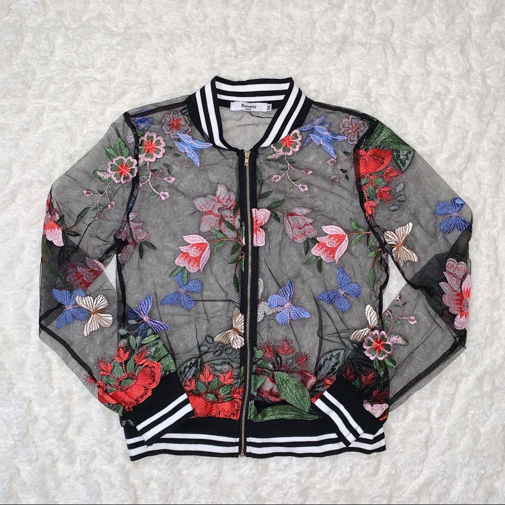 Black Mesh Floral Embroidered Striped Jacket